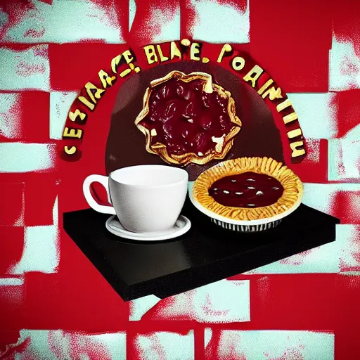 Image similar to detailed artstation style, symbolic style, surrealist style, a black coffee and a cherry pie on a table in a twin peaks cafe