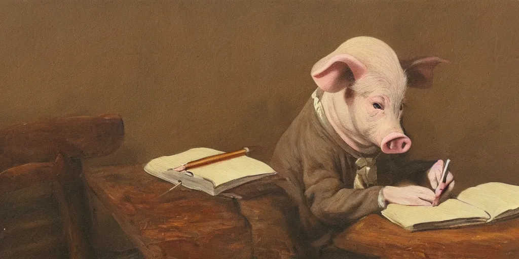 Prompt: detailed painting of a pig writing a novel