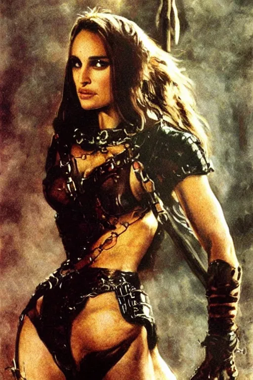 Image similar to Natalie Portman in a chainmail bikini by Frank Frazetta