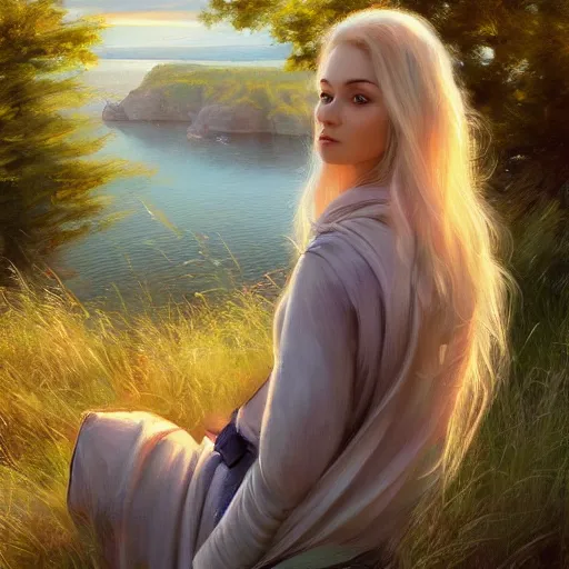 Image similar to blonde female jedi, Swedish countryside, landscape view, archipelago, freedom, dawn, sunrise, beautiful, by Vladimir Volegov, wlop, artstation