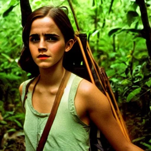 Image similar to film still, close up, portrait, emma watson soldier hiking through dense vietnam jungle, kodak ektachrome 1 9 7 3,