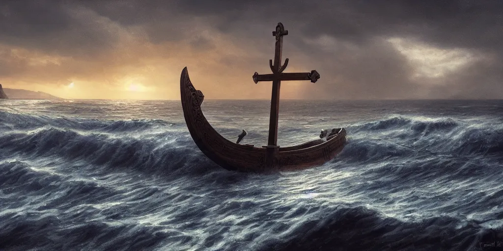 Prompt: a Viking ship, waves, a small cross in the distance on shore on the left side, by Ernest deutsch+ Ted Nasmith, dark, cinematic lighting, masterpiece, highly detailed, 8k resolution, trending on art station