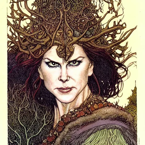 Image similar to a realistic, very beautiful and atmospheric portrait of a young and lithe nicole kidman as a druidic warrior wizard looking at the camera with an intelligent but seductive gaze by rebecca guay, michael kaluta, charles vess and jean moebius giraud