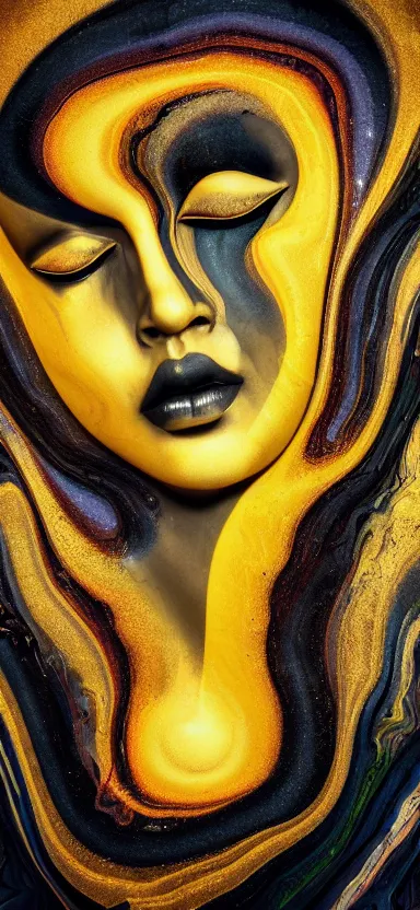 Prompt: epic, abstract sculpture of beautiful female face and black swirling marbling liquifying acrylic portrait, fluffy clouds, golden hour, beautiful light, 3 d sculpture of carving marble, dark colors, dark mood, one point lightning