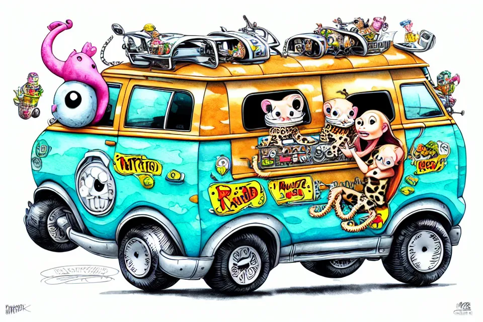 Prompt: cute and funny, baby leopard wearing a helmet riding in a mystery machine van, ratfink style by ed roth, centered award winning watercolor pen illustration, isometric illustration by chihiro iwasaki, edited by range murata, tiny details by artgerm and watercolor girl, symmetrically isometrically centered, sharply focused