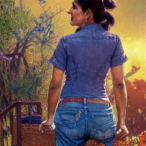 Image similar to close up a beautiful Indian doctor wearing jeans and a shirt in Texas in 2022, sun shining, photo realistic illustration by greg rutkowski, thomas kindkade, alphonse mucha, loish, norman rockwell.