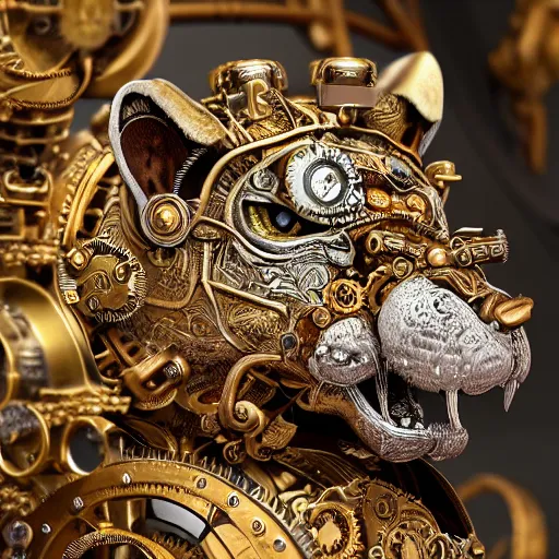 Image similar to A steampunk roaring tiger head made from ornate engraved full plate armor and watch gears and jewels and gems, macro shot by Justin Gerard, unreal engine, detailed, intricate, physically based rendering