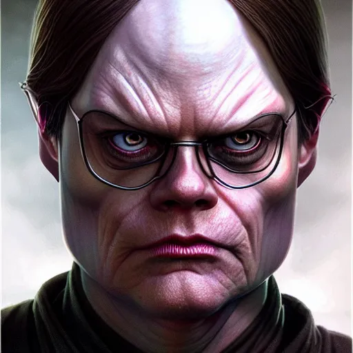 Image similar to dwight schrute dressed as a sith lord, realistic portrait, symmetrical, highly detailed, digital painting, artstation, concept art, smooth, sharp focus, illustration, cinematic lighting, art by artgerm and greg rutkowski and michael whelan