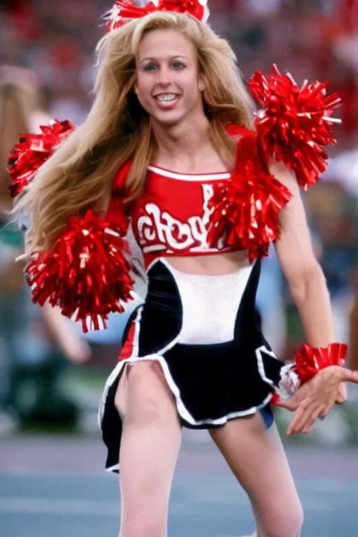 Prompt: chesney hawkes dressed as a cheerleader, hyper detailed
