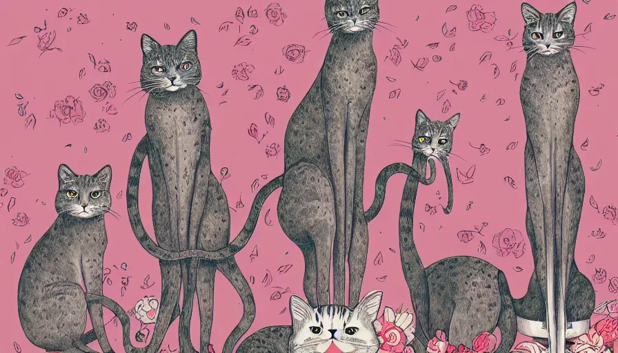 Prompt: artwork of really tall sitting cats by james jean, thick brush, 4 k resolution, floral background