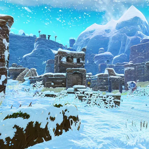 Image similar to snowy Landscape and a village in the background in the style of zelda breath of the wild