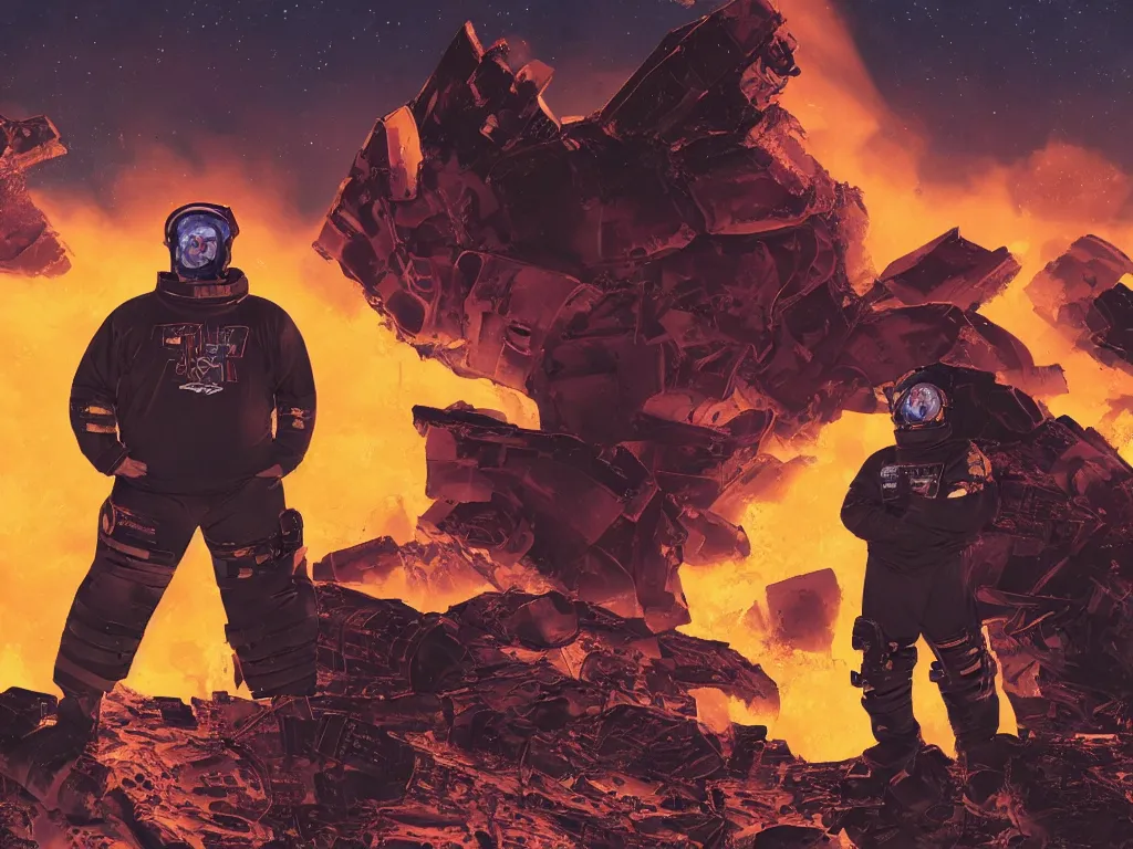 Prompt: portrait of a sad overweight teenager with emo haircut, wearing gothy purple and black space spandex suits, smashed burning spacecraft wreckage in the background, on the orange surface of mars, highly detailed, dramatic lighting, photorealistic, cinematic