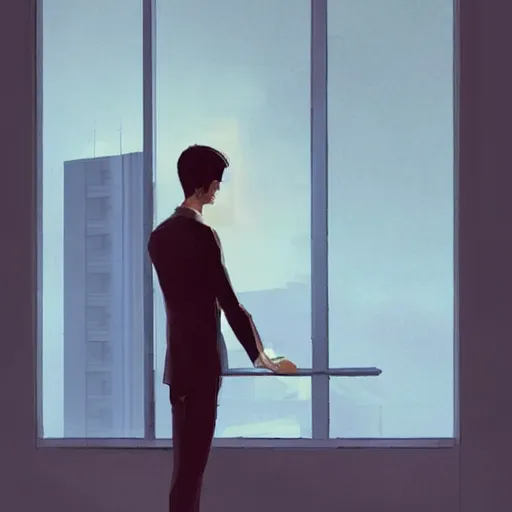 Image similar to concept art by greg rutkowski, very tall and thin young man, dressed in a lawyer's suit, standing drinking a coffee looking out a window in a minimalist, hi - tech, brutalist office, reddish exterior lighting, scifi, highly detailed portrait, digital painting, artstation, concept art, smooth, sharp foccus ilustration, artstation hq