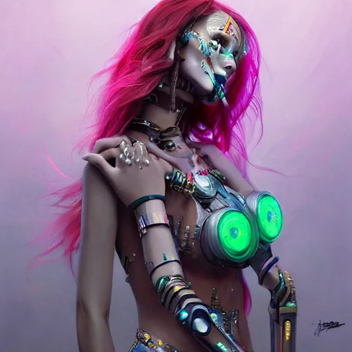 Prompt: A masterpiece portrait of a Incredibly beautiful half slightly damaged crying robot-synth girl Combat amazing makeup. tribal fashion. Cyberpunk. First sparkles. Vogue. trending on artstation, digital art, by Stanley Artgerm Lau, WLOP, Rossdraws, James Jean, Andrei Riabovitchev, Marc Simonetti, Yoshitaka Amano