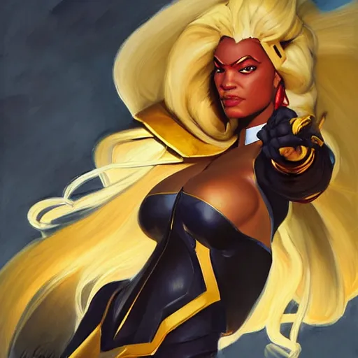 Image similar to greg manchess portrait painting of partially armored ororo munroe alias storm as overwatch character, medium shot, asymmetrical, profile picture, organic painting, sunny day, matte painting, bold shapes, hard edges, street art, trending on artstation, by huang guangjian and gil elvgren and sachin teng