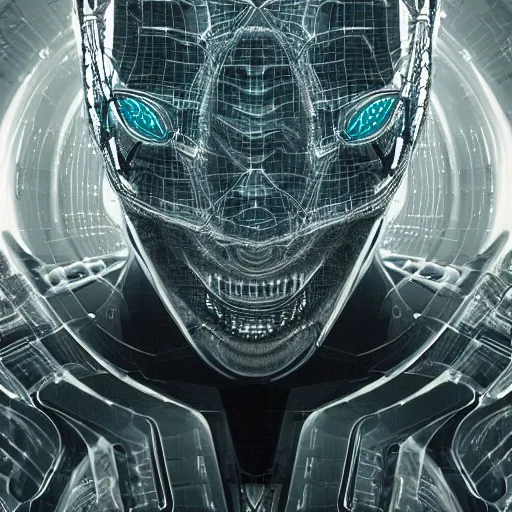 Prompt: an insanely detailed cibernetic artwork of a futuristic artificial intelligence superstar, extremely detailed water texture, centered image, perfectly symmetrical alien face, with frames made of detailed fractals, octane render, 4k, insanely detailed, detailed grid as background, cgi