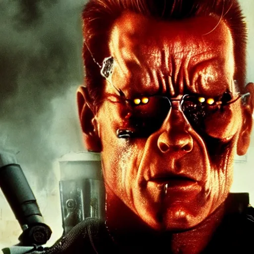 Image similar to Terminator movie, but instead of Arnold is photorealistic Homer Simpson, photo