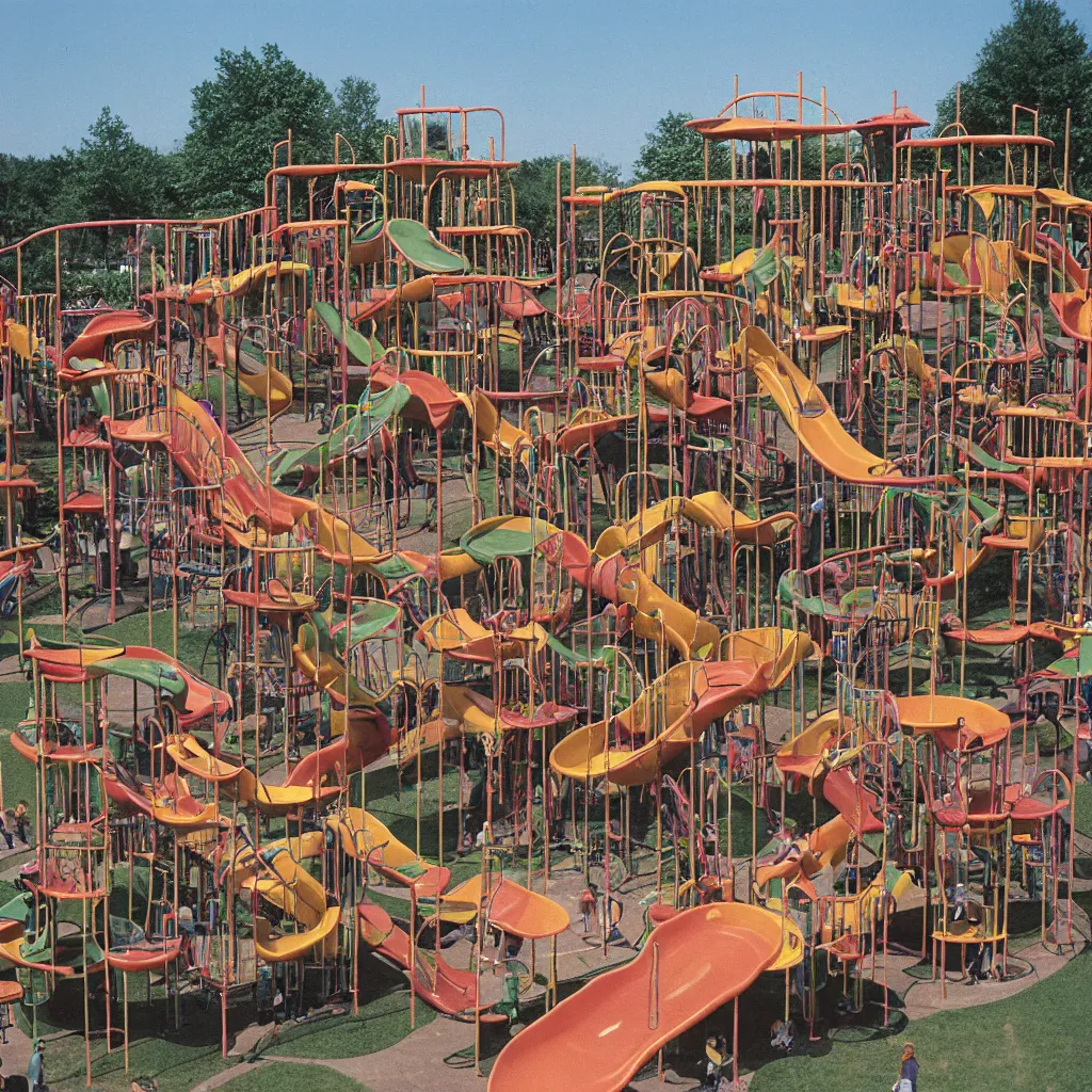 Image similar to full - color 1 9 7 0 s photo of a vast incredibly - large complex very - dense tall many - level playground in a crowded schoolyard. the playground is made of wooden planks, rubber tires, metal bars, and ropes. it has many spiral staircases, high bridges, ramps, balance beams, and metal tunnel - slides.