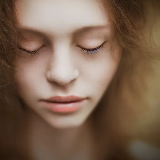 Image similar to photorealistic portrait of a beautiful young woman, very blurry, out of focus, translucent stone white skin, closed eyes, foggy, closeup