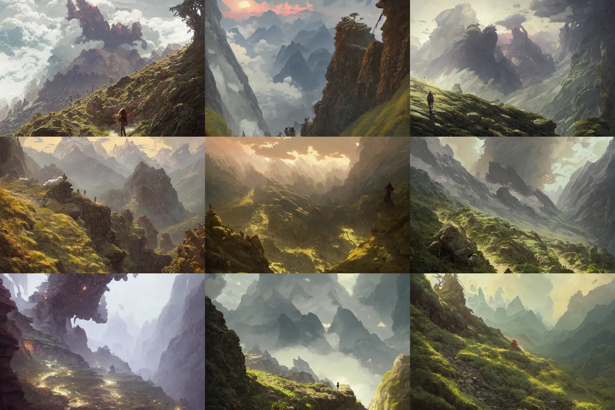 Prompt: a hyperdetailed path through a steep valley, distant rocky mountains, hyperdetailed storm clouds, heavy atmosphere, late afternoon, sun, artstation, digital painting, by studio ghibli, greg rutkowski and magali villeneuve and alphonse mucha