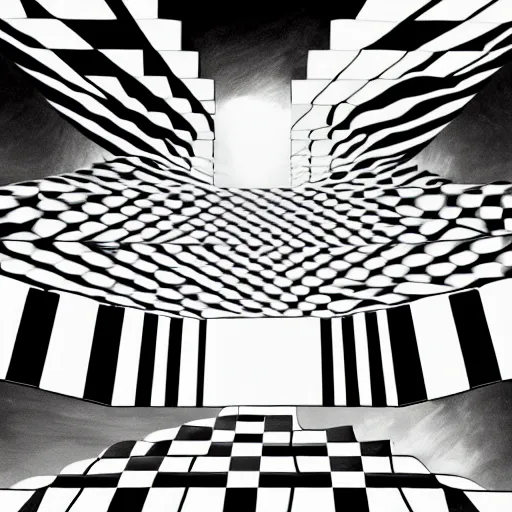 Image similar to A black and white freemasonic chequered surrealist digital painting of a stairway to into the clouds in the art style of jeff koons, Gilbert williams, Edwin Frederic Church and Christopher Balaskas, trending on artstation, 4k UHD