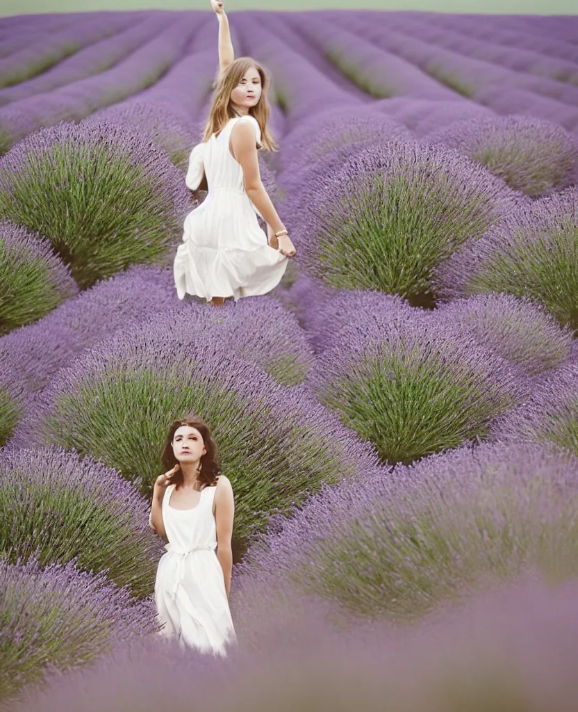 Prompt: dream A portrait of a French woman, mid-20s, wearing a white flowing dress, in a lavender field in France, 85mm, 1.2, Kodak Portra, trending on Instagram