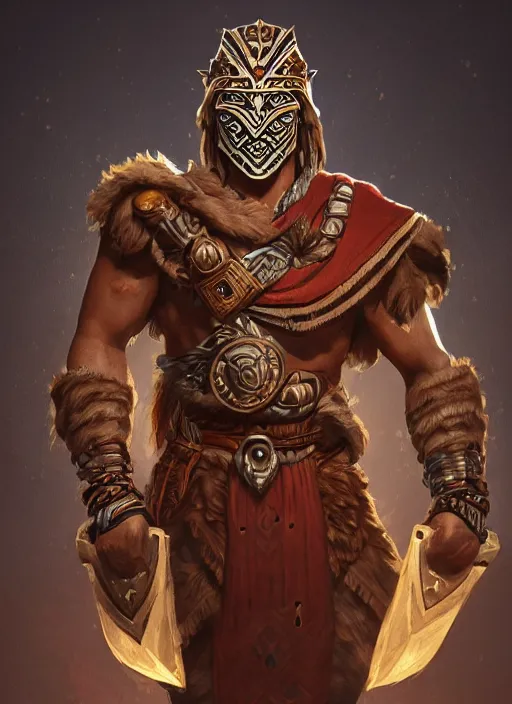 Image similar to a highly detailed illustration of tribal masked aztec warrior wearing brown robe, heroic fist pose, muscular, intricate, elegant, highly detailed, centered, digital painting, artstation, concept art, smooth, sharp focus, league of legends concept art, wlop.