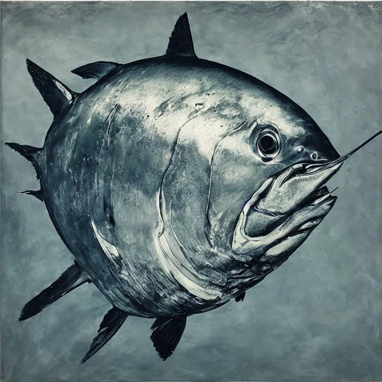 Prompt: Hyperrealistic Studio wet collodion Photograph portrait of a deep sea bluefin Tuna deep underwater in darkness, award-winning nature deep sea expressionistic impasto heavy brushstrokes oil painting by Cy Twombly and Tim Hawkinson vivid colors hyperrealism 8k