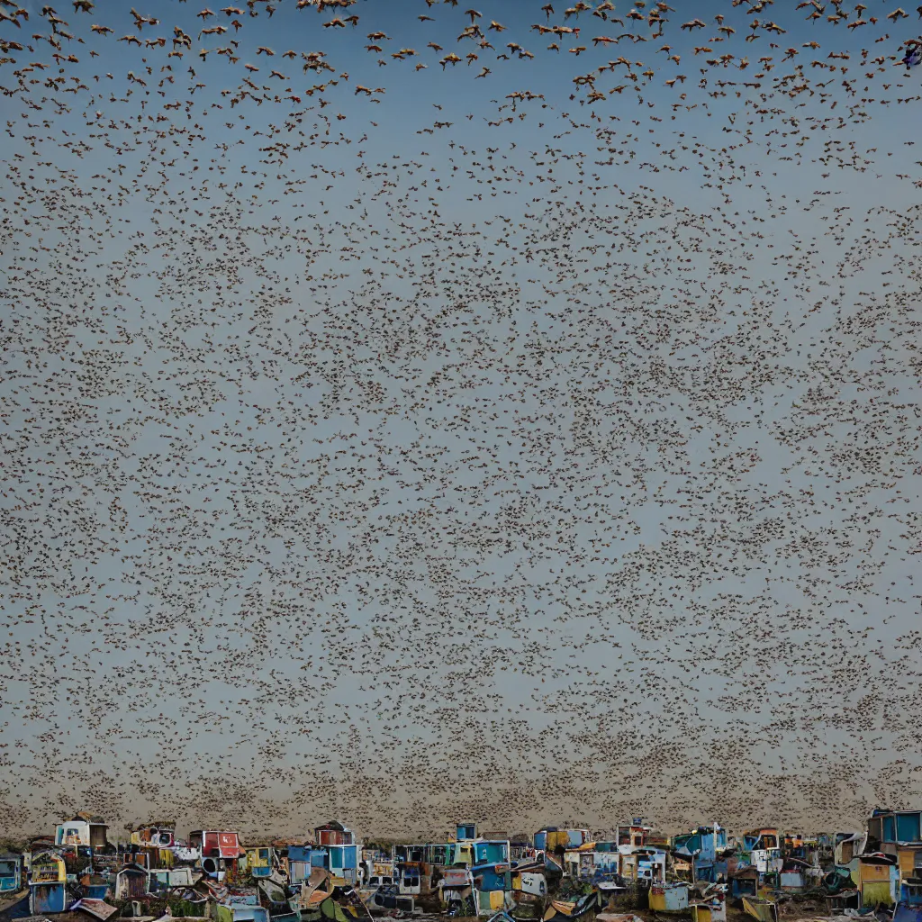 Image similar to close - up swarm of towers made up of colourful squatter shacks, bleached colours, plain uniform off white sky, dystopia, mamiya, very detailed, ultra sharp, photographed by john chiara