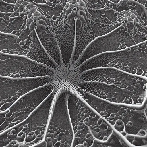 Image similar to a daguerreotype depicting precise details of microscopic shoggoth nanomachines in a fractal neuronal mycelial network, unreal engine cinema 4 d photorealism volumetric lighting