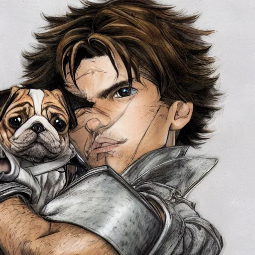 Prompt: self portrait, young white hispanic handsome man with short light brown hair and light skin and a 5 o clock shadow and holding a pug while fighting against 2 swordsmen pencil art, warzon, battlefield, added detail, high definiton, colored, backfacing, illustrated by yoji shinkawa