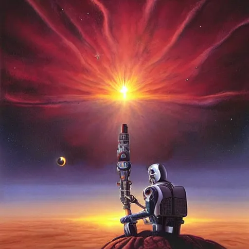 Prompt: the edge of the universe (on film), cybernetic cyborg warrior, by Tim White and Vladimir Kush