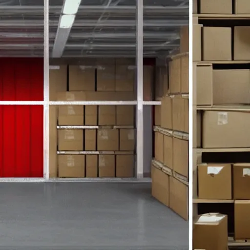 Image similar to two frames of equal size, the first is a picture of a warehouse full of boxes, the second is an identical picture to the first except the boxes are red