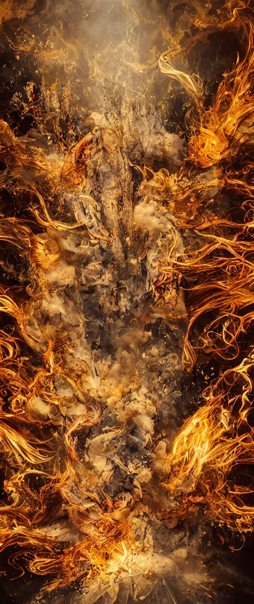 Image similar to 'Deamons unleashed in Times Square' by István Sándorfi royally decorated, whirling smoke, embers, gold encrustations , gilt silk torn fabric, radiant colors, fantasy, perfect lighting, studio lit, micro details,