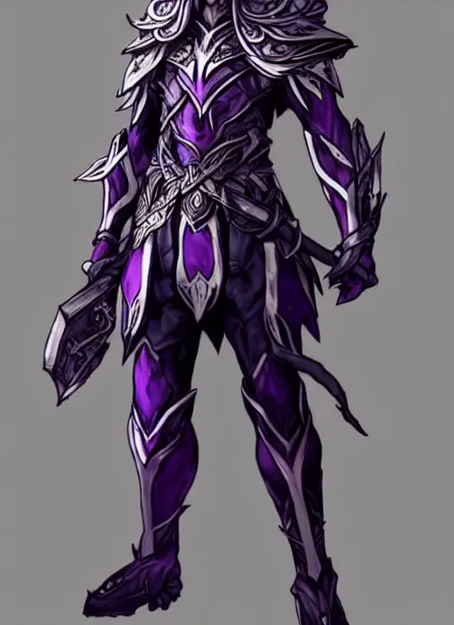 Prompt: Full body portrait of a handsome elven aristocrat with short hair wearing purple heavy armor. In style of Yoji Shinkawa and Hyung-tae Kim, trending on ArtStation, dark fantasy, great composition, concept art, highly detailed, dynamic pose.