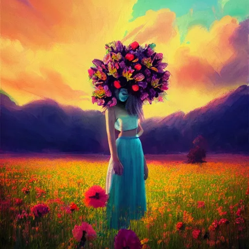 Image similar to girl with a flower head, surreal photography, dream, standing in flower field, magical, in a valley, sunrise dramatic light, impressionist painting, colorful clouds, artstation, simon stalenhag