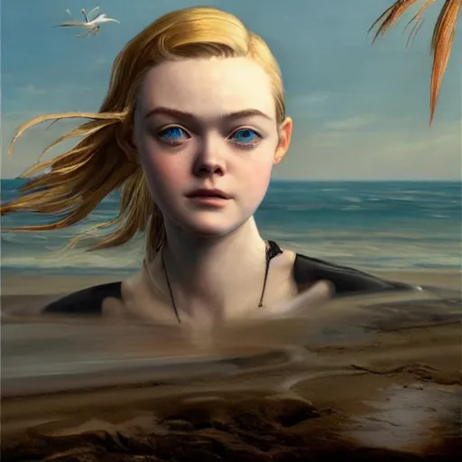 Prompt: ultra realistic portrait painting of elle fanning at the beach in the world of metal gear solid and death stranding, art by frank frazetta, 4 k, ultra realistic, highly detailed, epic lighting