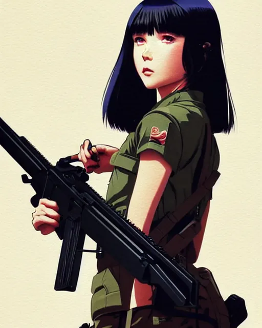 Image similar to girl holding a rifle | | very very anime!!!, fine - face, audrey plaza, realistic shaded perfect face, fine details. anime. realistic shaded lighting poster by ilya kuvshinov katsuhiro otomo ghost - in - the - shell, magali villeneuve, artgerm, jeremy lipkin and michael garmash and rob rey