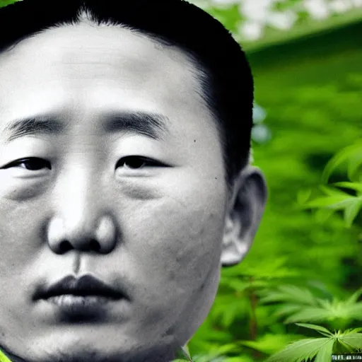 Image similar to araki nobuyoshi style photography of detailed north korean kim chen with detailed face smelling detailed weed bush