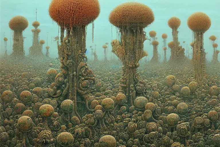 Image similar to a surreal and awe - inspiring science fiction landscape, alien plants and animals, intricate, elegant, highly detailed watercolor painting by beksinski and simon stalenhag