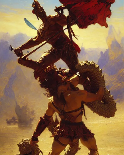 Image similar to rugged knight battles a hydra, painting by gaston bussiere, craig mullins, j. c. leyendecker