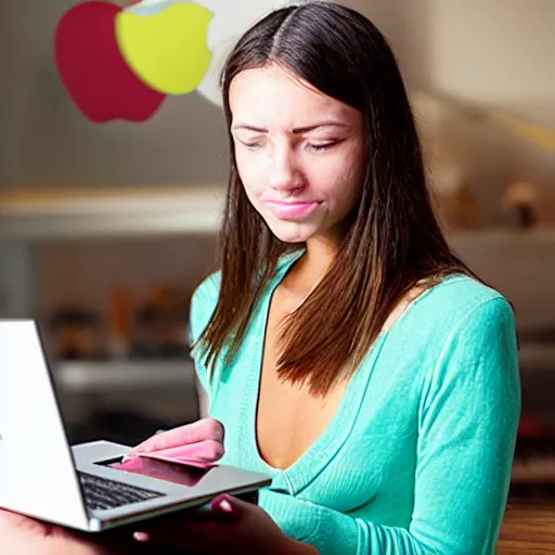 Image similar to photo of a young woman struggling to buy an apple laptop online