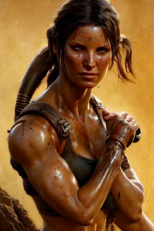 Image similar to muscular sweat lara croft, covers with mud exhausted face close up, highly detailed painting by gaston bussiere, craig mullins, j. c. leyendecker 8 k