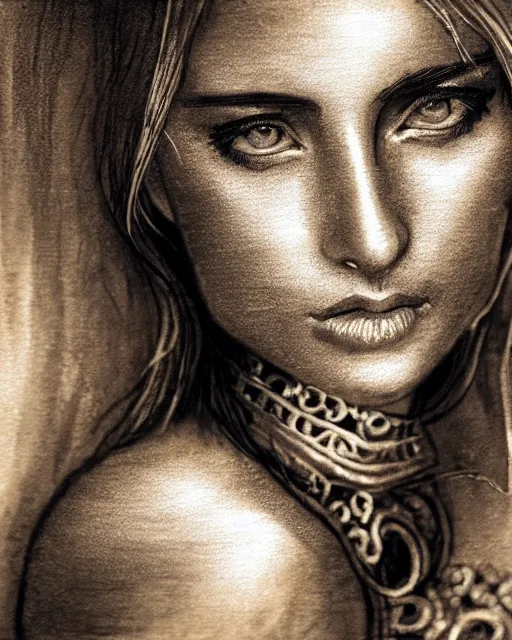 Image similar to ink wash painting portrait of woman in shining golden armor, high production value, intricate details, high resolution, hdr, high definition, masterpiece, realistic, ultrarealistic, highly detailed, hd, sharp focus, non blurry, sharp, smooth