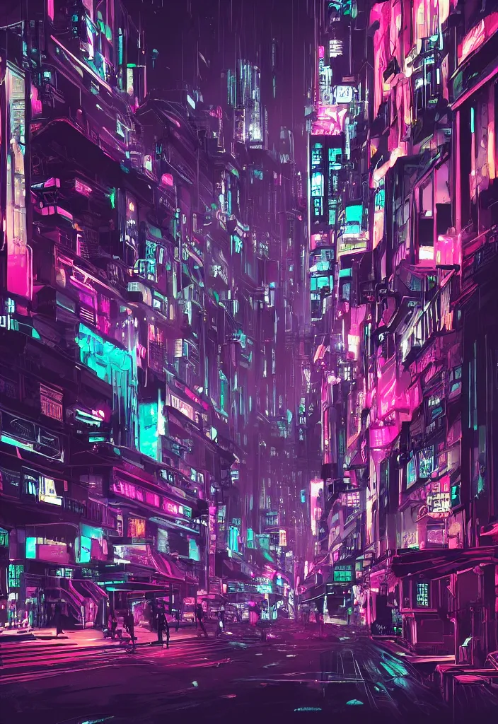 Image similar to concept art of a magnificent dark neon futuristic cyberpunk city bustling street at night cyberart in the style of liam wong