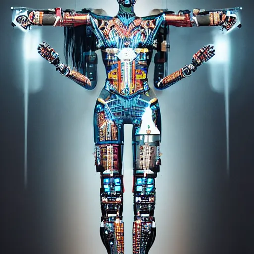 Image similar to full body portrait of the muscular Aztec Android Queen, by DC comics and Sandra Chevrier and beeple, artstation, volumetric lighting and fog, hyperrealism, hyper detailed futuristic royalty, award winning costume design, cybernetic bionic ancient cyborg, fashion show runway, futuristic fine textures, woven with electricity, high fashion superpowers, floating dust particles, bokeh, mystic haze, 4k UHD, HDR