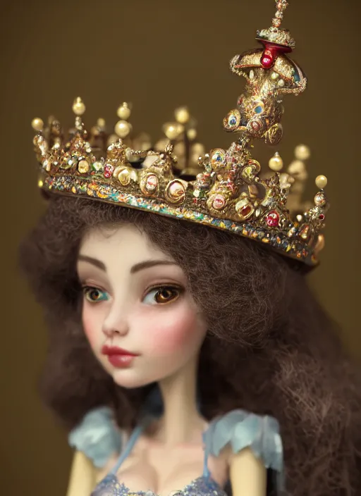 Image similar to closeup face profile portrait of a tin toy fairytale princess wearing a crown eating cakes, bikini, depth of field, zeiss lens, fashion photoshoot by nicoletta ceccoli, mark ryden, lostfish, breathtaking, detailed and intricate environment, 8 k resolution, extremely detailed, beautiful, establishing shot, artistic, hyperrealistic, octane render