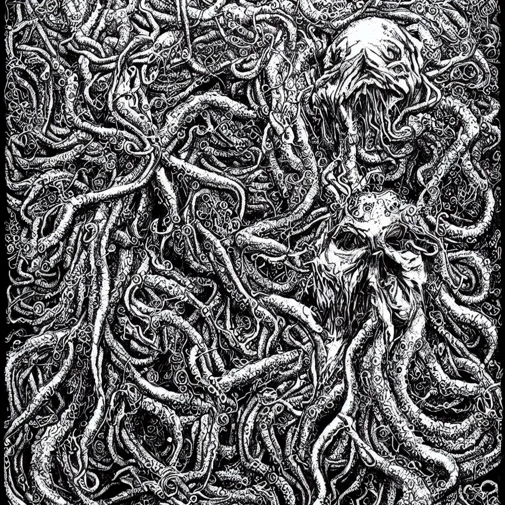 Image similar to portrait of Cthulhu by Dan Hillier, intricate, lovecraftian, black and white and gold