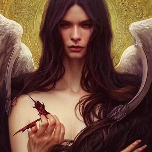 Prompt: a great lucifer, great wings, demon horn, fire on head, long dark hair, intricate, elegant, highly detailed, digital painting, artstation, concept art, smooth, sharp focus, illustration, art by artgerm and greg rutkowski and alphonse mucha