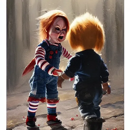 Prompt: the doll chucky fighting the doll annabelle in oslo, oil painting, by greg rutkowski